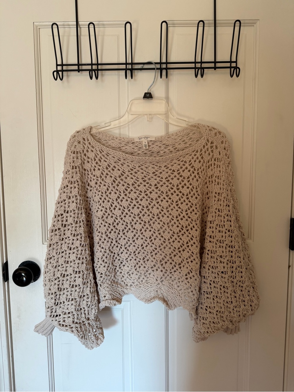 Open-Knit Balloon-Sleeve Sweater in Light Beige